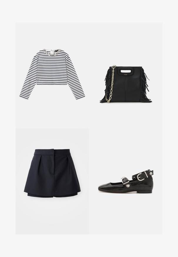 Baltas ir mėlynas dryžuotas ilgarankovės marškinėliai, trumpas dizainas su apvalia iškirpte, kuriame yra dekoratyvi sidabrinė grandinėlė prie apykaklės.; Jūriniai klostuoti šortai su aukštu liemeniu, pagaminti iš lygaus audinio. Turi prigludusią konstrukciją ir paslėptą priekinių kišenę.; Juodas lakinės odos plokščias batelis su kvadratiniu pirštu, kulkšnies dirželiu su sidabro detalėmis ir plokščiu padu. Sklandus paviršius su minimalistišku dizainu.; Juodas odinis rankų darbo rankinys su frinzuotomis detalėmis, auksine grandinės petneša ir išpjauto dizaino rankena. Pirmoje pusėje yra logotipo vieta.