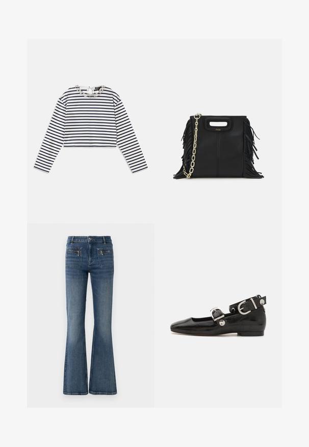 Ριγέ μακρυμάνικο μπλουζάκι σε λευκό και ναυτικό χρώμα, κομμένο σχέδιο με στρογγυλή λαιμόκοψη που διαθέτει διακοσμητική ασημί αλυσίδα στη λαιμόκοψη.; Μπλε τζιν παντελόνι με καμπάνα, μέσης μέσου ύψους, με μπροστινές και πισινές τσέπες και μια διακριτική ξεθωριασμένη απόχρωση.; Μαύρο παπούτσι με πατεντέ δέρμα, επίπεδη σόλα και τετράγωνη μύτη, με λουράκι στον αστράγαλο που διαθέτει ασημί εξαρτήματα. Λείο υλικό με μινιμαλιστικό σχέδιο.; Μαύρη δερμάτινη τσάντα με λεπτομέρειες φούντας, χρυσή αλυσίδα στον ώμο και κομμένο χερούλι. Διαθέτει τοποθέτηση λογότυπου στην πρόσοψη.