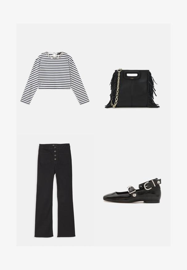 Ribidega valge ja tumesinise tooniga pika varrukaga topp, lühikese disainiga ümmarguse kaelusega, millel on dekoratiivne hõbedane kett kaeluse detailina.; Mustad denimist laiad jalad kõrge vöökohaga, viie taskuga disain ja esine nupuga kinnitamine, kus on neli metallnuppu.; Must musta nahkkinga lamead kontsad, ruudukujulise varbaga, pahkluu rihmaga, mis sisaldab hõbedast taakleid, ning lame tald. Siledat pinda ja minimalistlikku disaini.; Musta nahk käekott, millel on frantsiisid, kuldne ahelsanga ja lõigatud käepide. Esiosas on logot.