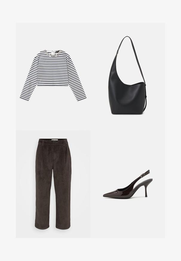 Ribidega valge ja tumesinise tooniga pika varrukaga topp, lühikese disainiga ümmarguse kaelusega, millel on dekoratiivne hõbedane kett kaeluse detailina.; Pruunid tõmblemisega püksid, mis on sirge säärega kujundusega, peene tekstuuriga ning esise luku ja küljetaskutega.; Kare kõrge kontsaga king, läikiv tumepruun lakknahast, terava nina, avatud külgedega ja reguleeritava pahkluuringiga.; Mustast nahast hobo kott, millel on sile tekstuur, kumer kuju ja üks reguleeritav rihm; peal on lai avaus.