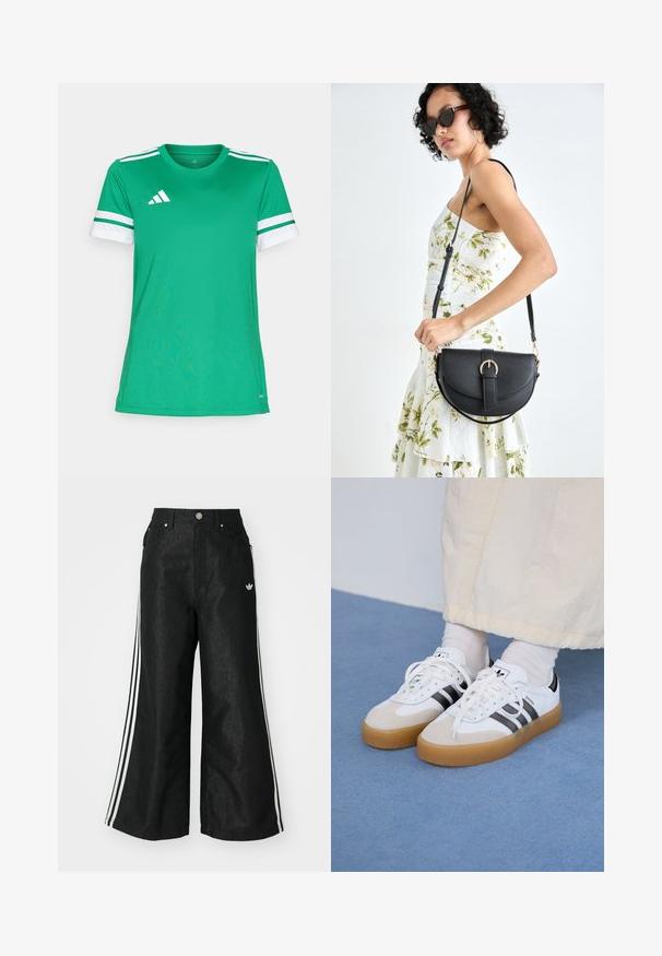 Roheline spordisärk kergest kangast, millel on ümar kaelus, valged triibud varrukatel ja logo vasakus ülanurgas.; Mustad mustadeline denimipüksid, millel on kummalgi küljel kolm valget triipu ja väike valge logo. Omab esikotte ja nööbiga kinnihoidmist.; Valged tossud mustade triipudega ja beeži nahaga aktsentidega. Omavad tekstuuriga kummist talla ja lamedaid valgeid paelu, kantud heledate sokkidega.; Mustmust mustraha kõverate joontega, eemaldatava rihmaga ja kuldsete detailidega. Kotil on klapp, millel on pandladetail.