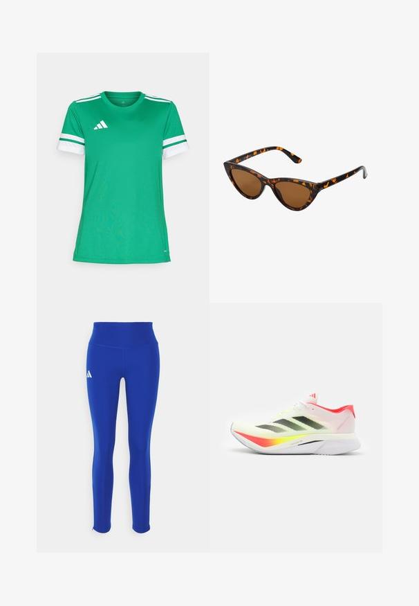 Vihreä urheilupaita kevyestä kankaasta, jossa on pyöreä kaula-aukko, valkoiset raidalliset hihat ja logo vasemmassa yläkulmassa.; Sinisiä urheiluhousuja, joissa on korkea vyötärö, valmistettu joustavasta materiaalista, vasemmassa lantiossa valkoinen logo ja huomaamattomat saumat.; Juoksukengät, joissa on kevyt valkoinen verkkopinta mustilla raidoilla, neonkeltaisia yksityiskohtia, vaaleanpunainen kanta ja kaareva valkoinen pohja.; Kattöga solglasögon med en svart och orange sköldpaddsmönstrad båge, bruna linser och slanka, spetsiga spetsar. Har en minimal logotyp på skalmen.