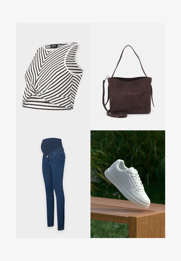 Stribet graviditetstop i sort og hvid, uden ærmer med en knude foran, har en ribbet tekstur og rund halsudskæring.; Maternity jeans i mørkeblåt denim med en strækbar, ensfarvet marineblå panel til støtte til maven. Har slim fit og traditionelt fem-lomme design.; Hvid sneaker med en glat syntetisk overdel, perforeret tåboks, flade snørebånd og en tekstureret sål, præsenteret på en træoverflade.; Brun ruskinds tote bag med en blød tekstur, der har en enkelt skulderrem og en diskret buet topåbning. Ingen synlige hårde detaljer.