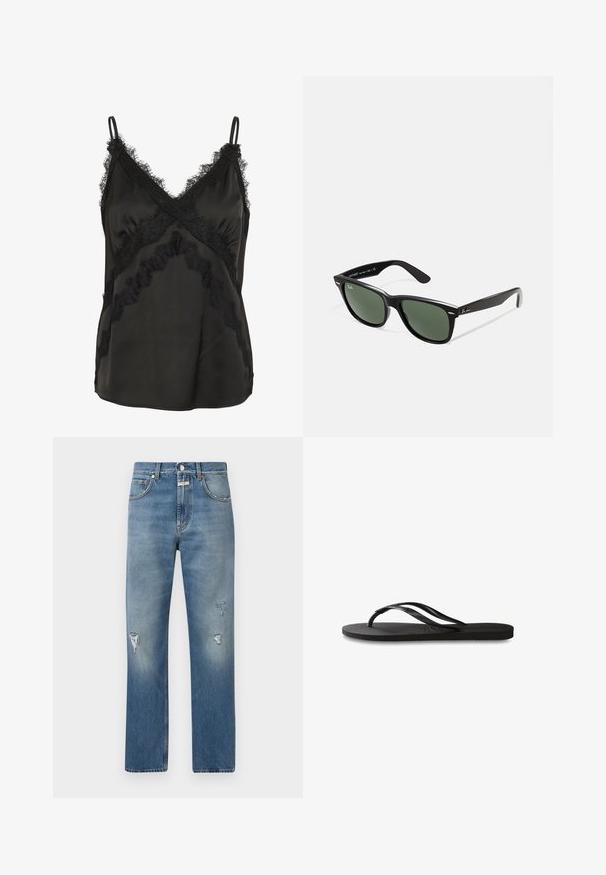 Black satin camisole featuring lace trim along the neckline and hem, with thin adjustable straps and a smooth, textured finish.; Light blue denim jeans with a loose fit, featuring distressed patches and a zip fly. Classic five-pocket design and straight legs.; Black flip-flop featuring a textured rubber sole, two slender straps, and a subtle, embossed logo detail on the strap.; Black plastic sunglasses with green lenses, square frames, silver accent on the brow, and textured temple arms. Stated brand on inner arm.