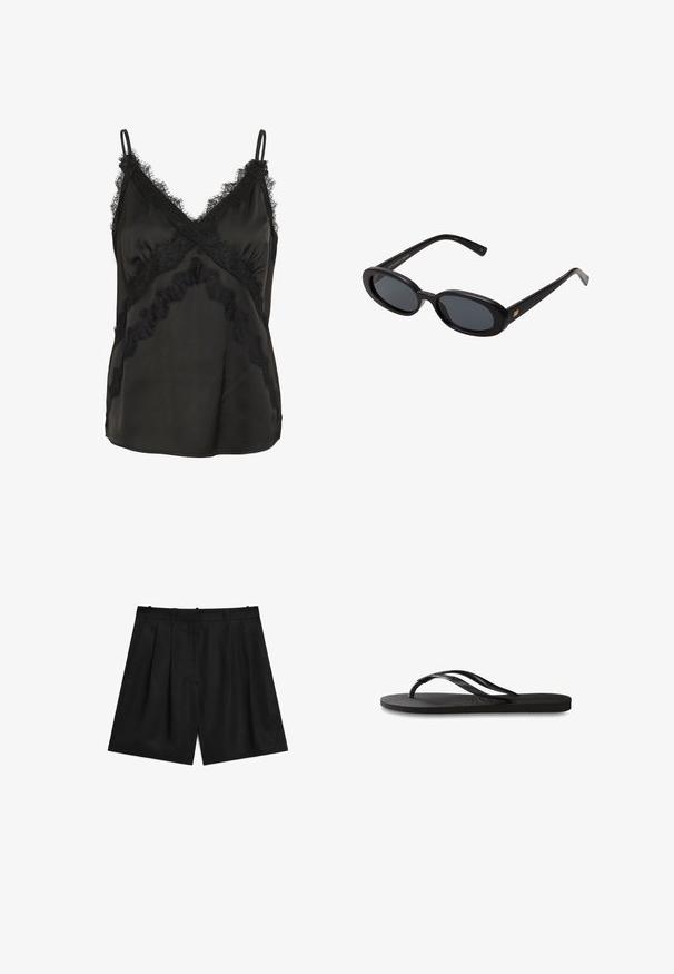 Black satin camisole featuring lace trim along the neckline and hem, with thin adjustable straps and a smooth, textured finish.; Black tailored shorts made of a smooth, lightweight fabric. Features pleats, two side pockets, and a clean waistband design.; Black flip-flop featuring a textured rubber sole, two slender straps, and a subtle, embossed logo detail on the strap.; Black oversized sunglasses with oval lenses, smooth plastic frame, and gold accents on temple. Dark lenses provide sun protection.; Black leather handbag with a structured rectangular shape. Features a golden oval clasp and a thin shoulder strap. Smooth texture.