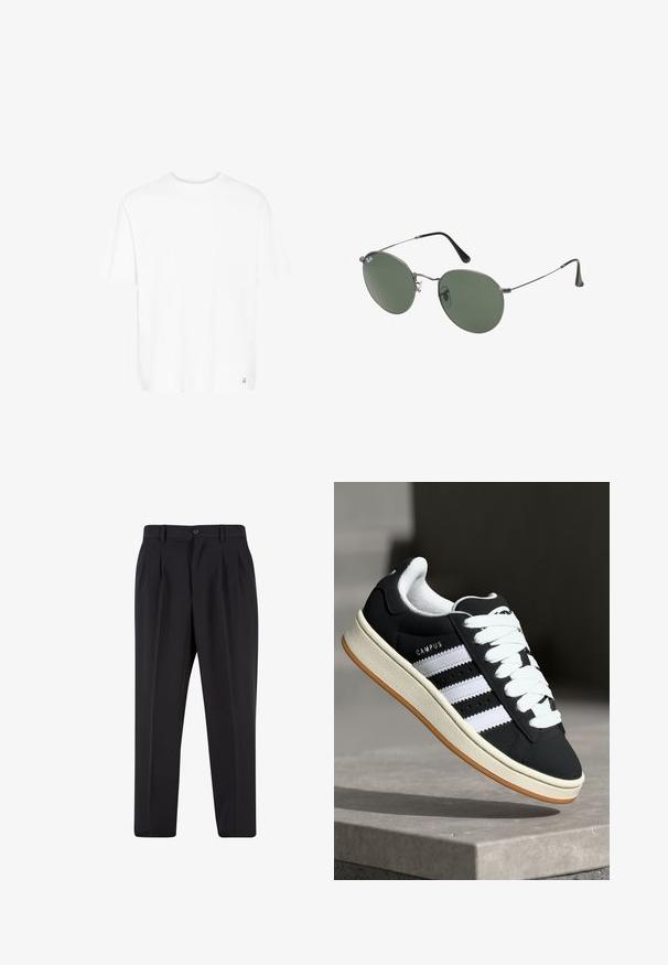 Bílý tričko s krátkým rukávem vyrobené z měkké bavlněné směsi. Má kulatý výstřih a jemné logo na dolním lemu. Rovný střih a pohodlný fit.; Černé kalhoty s plisovaným předním designem, vyrobené z hladké tkaniny. Obsahují zapínání na knoflík a poutka na opasek; rovný střih.; Černá teniska s bílými pruhy, šněrováním, texturovaným svrškem a gumovou podrážkou. Na boku je logo "CAMPUS" a gumová podrážka.; Sluneční brýle s kovovým rámem a oválnými zelenými skly. Tenký stříbrný kovový rám a černé chrániče uší. Minimalistický design, žádné viditelné logo.