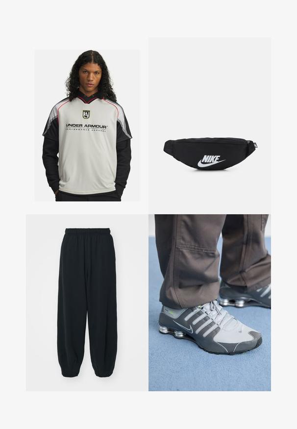 Šviesiai pilkas ir juodas džemperis su raudonais akcentais, logotipu ant krūtinės ir trumpomis rankovėmis, turintis sportišką dizainą. Lygus paviršius.; Juodi, su elastiniu juosmeniu sportiniai kelnės su laisvu siluetu, suapvalintais kulkšnimis, lygia tekstūra ir be matomų raštų ar metalinių akcentų.; Pilki ir sidabriniai Nike Shox sportiniai bateliai pasižymi elegantišku dizainu, pagaminti iš tinklinės ir sintetinės medžiagos, turi apvalų pirštą ir paminkštintą apykaklę.; Juodas nertinis fanny pack'as su užtrauktuku, su dideliu baltu "Nike" logotipu. Lygus paviršius ir ergonomiškas dizainas patogiam nešimui.