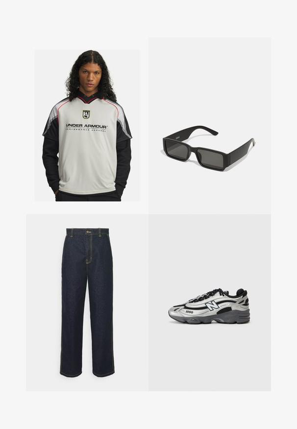 Huppari, vaaleanharmaa ja musta, jossa on punaisia yksityiskohtia, logo rinnassa sekä lyhyet hihat urheilullisella muotoilulla. Silkkinen texture.; Farkkuhousut, joissa on leveät lahkeet ja tummansininen väri keltaisillaommellut saumat, etupainike ja sivutaskut. Sileä pinta ja perinteinen muotoilu.; Hopeanväriset ja mustat urheilukengät, joissa on verkkosynteettinen päällinen, pehmustettu pohja, nauhakiinnitys ja sivupainatus.; Musta aurinkolasit suorakulmaisine linsseineen, matasta muovista valmistettu kehys ja suorat reunat. Sisähaara on varustettu merkkilogolla.