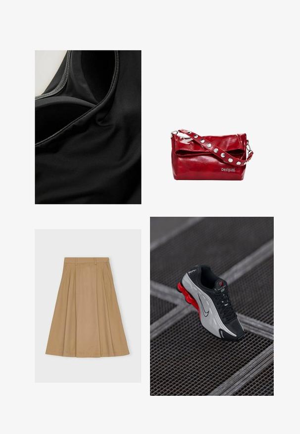 Crna tkanina s glatkom teksturom koja ima blagi sjaj, prikazuje šavove i nabore, sugerirajući rastezljivi materijal, potencijalno za odjeću za aktivnošću.; Suknja do koljena, nabranog dizajna u svijetlo smeđem pamuku, s uskim pojasom s petljama za remen i ravnim rubom.; Crne i sive atletske tenisice s crvenim jastučićem na potplatu, crnim vezicama i swoosh logotipom, odložene na metalnoj rešetkastoj površini.; Crvena torba od sintetičke kože na rame s preklopnim poklopcem, srebrnim kopčama na remenu i otisnutim logotipom "Desigual".