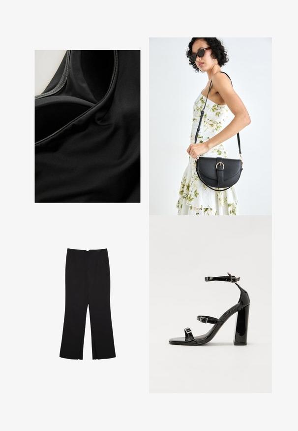 Czarna tkanina o gładkiej fakturze z delikatnym połyskiem, ukazująca szwy i fałdy, sugerująca elastyczny materiał, potencjalnie przeznaczony na odzież sportową.; Czarne spodnie o prostym kroju, z przednimi kieszeniami i bocznymi rozcięciami na dole. Wykonane z miękkiego, gładkiego materiału. Odpowiednie na różne okazje.; Czarne lakierowane sandały na obcasie z kwadratowym noskiem, z paskami wokół kostki i srebrnymi klamrami. Posiadają masywny słupek dla stabilności.; Czarna skórzana torebka o zakrzywionym kształcie, z odpinanym paskiem i złotymi akcentami. Torebka posiada klapę z zapięciem w kształcie klamry.