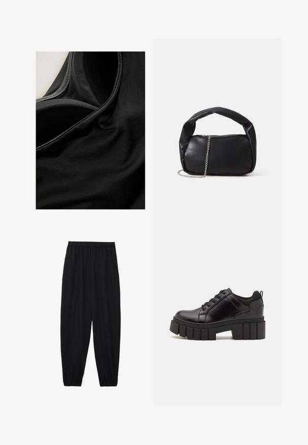 Tela negra con una textura suave y un ligero brillo, que muestra costuras y pliegues, sugiriendo un material elástico, potencialmente para ropa deportiva.; Pantalones negros, ligeros, con cintura elástica y tobillos fruncidos. La tela es suave y presenta un diseño relajado y ajustado.; Zapatos de plataforma de cuero negro con un tacón cuadrado grueso, punta redonda y diseño tradicional de cordones. Presenta una textura suave y un detalle minimalista.; Bolso de cuero negro con forma redondeada, asa gruesa y correa de cadena plateada. Textura suave con un ligero brillo.