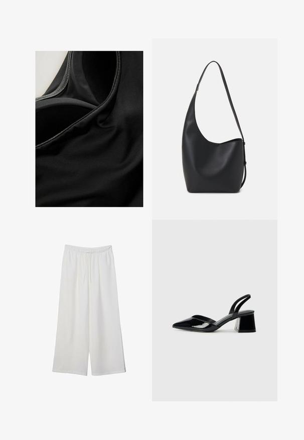 Černá látka s hladkým povrchem a mírným leskem, ukazující švy a záhyby, naznačuje pružný materiál, pravděpodobně určený pro sportovní oblečení.; Bílé kalhoty s širokými nohavicemi vyrobené z lehké tkaniny, s elastickým pasem a stahovací šňůrkou pro nastavitelnou velikost. Hladká textura.; Černé lakované kožené lodičky na pásku s špičatou špičkou a geometrickým blokovým podpatkem. Vyznačují se elegantním, minimalistickým designem a hladkým povrchem.; Černá kožená hobo taška s hladkým povrchem, zakřiveným tvarem a jedním nastavitelným popruhem; má široké otevírání nahoře.