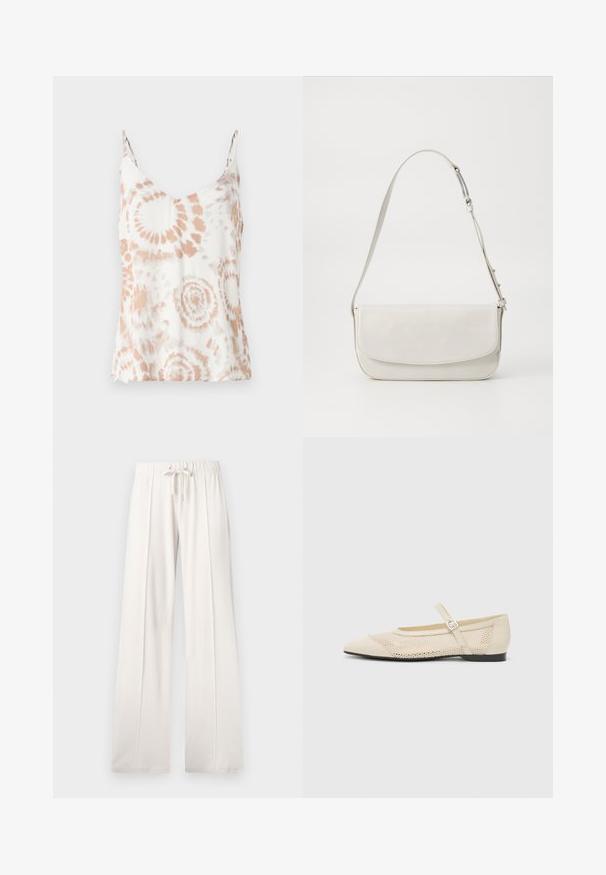 Balta bakoširdžiai marškiniai su v-kyška iškirpte, subtiliomis spaghetti petnešomis ir persikų spalvos tye-dye raštu. Lengvas, minkštas audinys su laisvu dizainu.; Šviesiai smėlio spalvos sportinės kelnės, pagamintos iš minkštos medžiagos, su raišteliu juosmenyje, plačiomis ilgomis kojomis ir vertikaliomis siūlėmis, turinčios lygų paviršių.; Kreminės baleto bateliai su smailiu pirštu, tinklelio dizaino uždanga ir šonine sagtimi. Lygus padas su sklandžiu paviršiumi.; Balta odinė petneša su lygiu paviršiumi, stačiakampio formos, su užsegimu antklodė ir reguliuojama dirželiu. Paprastas siuvinėjimo detalės.