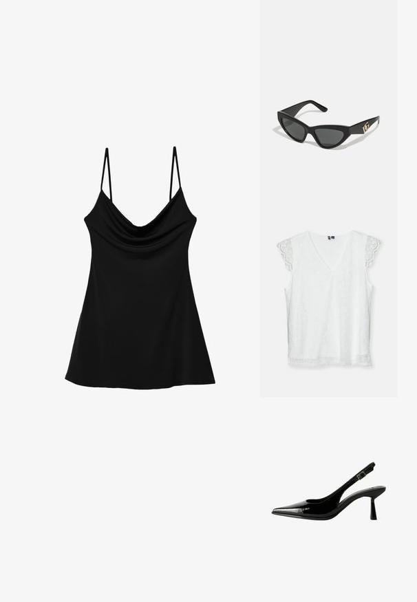 Bílý bezrukávový top s výstřihem do V, vzorovaná krajková látka a jemné krajkové rukávy se spadlými okraji. Má volný střih a hladkou texturu.; Černý top bez rukávů s cowl výstřihem, vyrobený z hladké látky. Má tenké nastavitelné ramínka a splývavý, rozšířený silueta.; Černé lakované kožené lodičky na podpatku s špičatou špičkou, výřezy na stranách, nastavitelným páskem kolem kotníku a tenkým, elegantním podpatkem.; Sunglasses ve tvaru kočičích očí s matným černým plastovým rámem, tmavými skly a zlatým logem na stranu. Úhlový design a hladká textura.; Kabelka na zápěstí Michael Kors v béžové potažené plátno s opakujícím se vzorem loga MK, zlatými kovovými doplňky a odnímatelným řetízkovým popruhem.