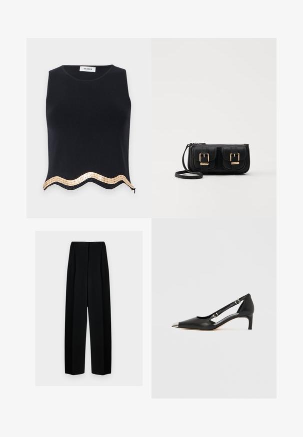 Top nero senza maniche con finitura testurizzata, caratterizzato da un orlo scallop decorato con paillettes dorate e una cerniera laterale discreta.; Pantaloni neri a gamba larga con vita alta, dotati di pieghe e una texture liscia. Il tessuto sembra leggero e si drappeggia in modo elegante.; Décolleté in pelle nera con tacco kitten, punta argentata appuntita e doppie cinghie con fibbia su sfondo bianco.; Borsa a tracolla nera in pelle con due tasche frontali, fibbie dorate, chiusura con zip e una tracolla sottile. Superficie texturizzata e forma rettangolare compatta.