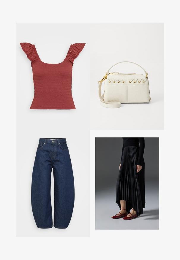 Czerwona bluzka z marszczonym przodem z krótkimi rękawami zdobionymi oczkami. Posiada kwadratowy dekolt i dopasowany krój, eksponując fakturowany materiał.; Jeansy dżinsowe w ciemnoniebieskim kolorze z wysokim stanem i szerokimi nogawkami, z zapięciem na guziki i suwak z przodu oraz klasycznym pięciopocketowym designem.; Czarna plisowana spódnica z asymetrycznym dołem, zestawiona z błyszczącymi czerwonymi balerinkami z paskiem. Tkanina ma gładką teksturę.; Biała torebka z sztucznej skóry z górnym zamkiem błyskawicznym, krótkim uchwytem oraz odpinanym paskiem na ramię z okuciami w kolorze złotym. Szczegóły w postaci sznurków po bokach.; Srebrny kolczyk w kształcie koła z polerowanym wykończeniem, z małymi złotymi akcentami, noszony na płatku ucha.