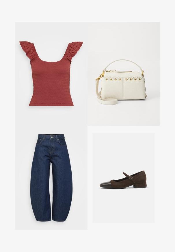 Punainen smockattu toppi, jossa on lyhyet silmänreikäyksityiskohdat. Kuosi on neliönmuotoinen pääntie ja istuva siluetti, joka tuo esiin tekstuurillisen kankaan.; Tummansiniset korkeavyötäröiset farkut, joissa on leveät lahkeet, edessä nappi- ja vetoketjukiinnitys sekä klassinen viiden_taskun malli.; Ruskean mokkanahkakengät Mary Jane -tyyliin, mustalla kiiltävällä kärjellä, säädettävällä remmillä ja matalalla lohkokannalla. Suora pinta, jossa on minimaalinen koristelu.; Valkoinen keinonahkainen käsilaukku, jossa on ylhäältä avattava vetoketju, lyhyt kahva ja irrotettava olkahihna, jossa on kultaset yksityiskohdat. Sivupitsitys.; Hopea renkaankorvakoru kiiltävällä pinnalla, jossa on pieniä kultaisia yksityiskohtia ja pyöreä muoto, käytetty korvalla.