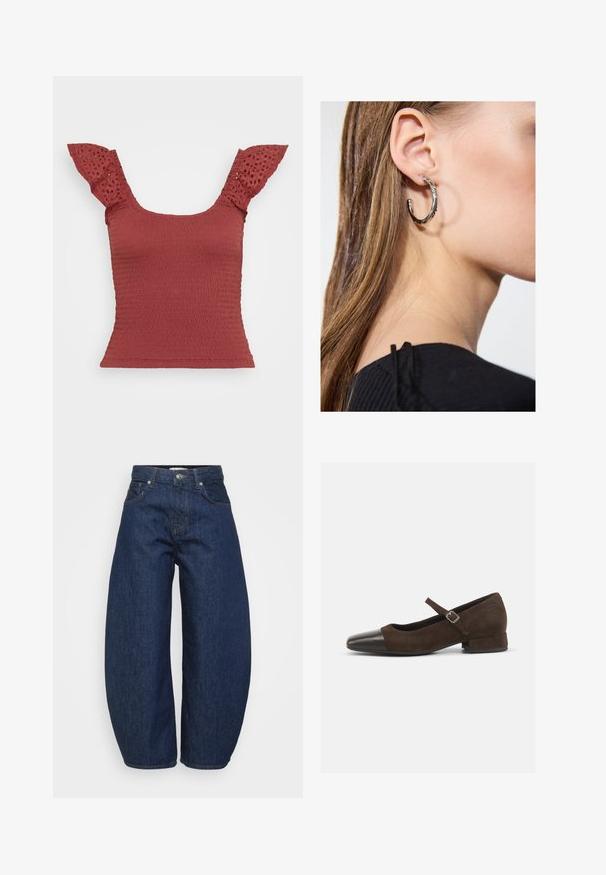 Czerwona bluzka z marszczonym przodem z krótkimi rękawami zdobionymi oczkami. Posiada kwadratowy dekolt i dopasowany krój, eksponując fakturowany materiał.; Ciemnoniebieskie dżinsy o szerokim, luźnym kroju. Posiadają zamek błyskawiczny, cztery kieszenie oraz kontrastowe przeszycia wzdłuż szwów.; Brązowe zamszowe buty typu Mary Jane z czarnym lakierowanym noskiem, regulowanym paskiem i niskim, blokowym obcasem. Gładka tekstura z minimalnymi akcentami.; Srebrny kolczyk w kształcie koła z polerowanym wykończeniem, z małymi złotymi akcentami, noszony na płatku ucha.