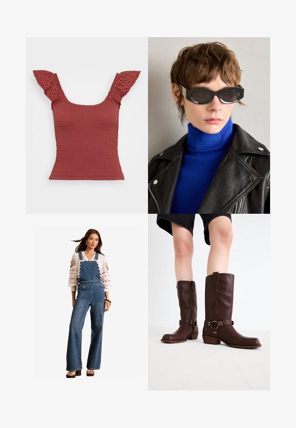 Červený nařasený top s krátkými rukávy s krajkovými detaily. Má čtvercový výstřih a přiléhavý střih, který zdůrazňuje texturovanou látku.; Džínové šortky s vlnkovým designem na přední části, rozšířenými nohavicemi a bočními kapsami. V kombinaci s bílou vyšitou blůzou a dřevěnými doplňky.; Hnědé kožené vysoké boty ke kolenům s kulatou špičkou, texturovaným povrchem, řemínkem kolem kotníku a detailem ze stříbrného kovu; na podpatku.; Černé sluneční brýle s zaoblenými hranami a tónovanými skly. Obsahují zlaté akcenty na rámech. Noseny s modrým žebrovaným rolákem a koženou bundou.; Hnědá kožená kabelka s geometrickým designem, vybavená horním uchy a mosaznými zipovými detaily. Logo je vyraženo na boku.; Stříbrné kruhové náušnice s designem mašle, s hladkým povrchem a lesklou texturou. Kompaktní, minimalistický styl vhodný pro různé příležitosti.