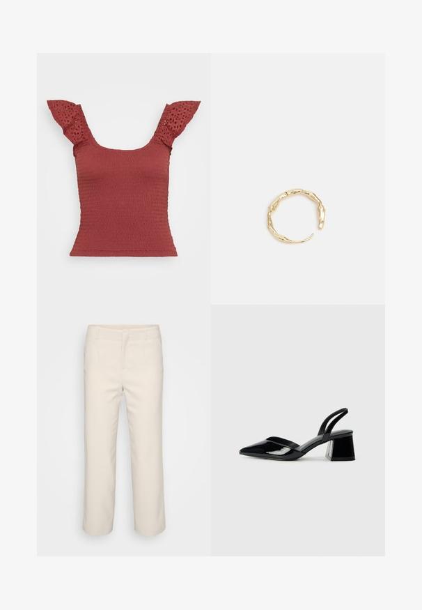 Czerwona bluzka z marszczonym przodem z krótkimi rękawami zdobionymi oczkami. Posiada kwadratowy dekolt i dopasowany krój, eksponując fakturowany materiał.; Beżowe, dopasowane spodnie o prostym kroju, z gładkim przodem i dwoma bocznymi kieszeniami. Wykonane z gładkiego materiału o czystym wykończeniu.; Czarne lakierowane półbuty na obcasie z wydłużonym noskiem i geometrycznym słupkiem. Charakteryzują się eleganckim, minimalistycznym designem oraz gładką fakturą.; Pierścionek w odcieniu złota z organicznym, skręconym wzorem, o gładkiej fakturze i zwężających się końcach, tworzący nowoczesny, rzeźbiarski wygląd.