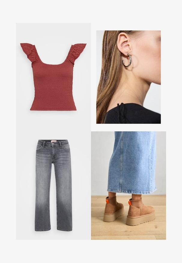 Rød smocket topp med korte ermer med blonderdetaljer. Har firkantet utringning og en tettsittende silhuett, som fremhever et strukturert stoff.; Grå denimjeans med rett ben-design, fem-lomme stil, subtil falming, og knappelukking i midjen.; Brune semska plattformstøvler med elastiske sidepaneler og orange rekkehalser, parret med en knelange lys denimskjørt på et tregulv.; Sølv ringøredob med en polert finish, med små gull detaljer og en rund form, båret på øreflippen.
