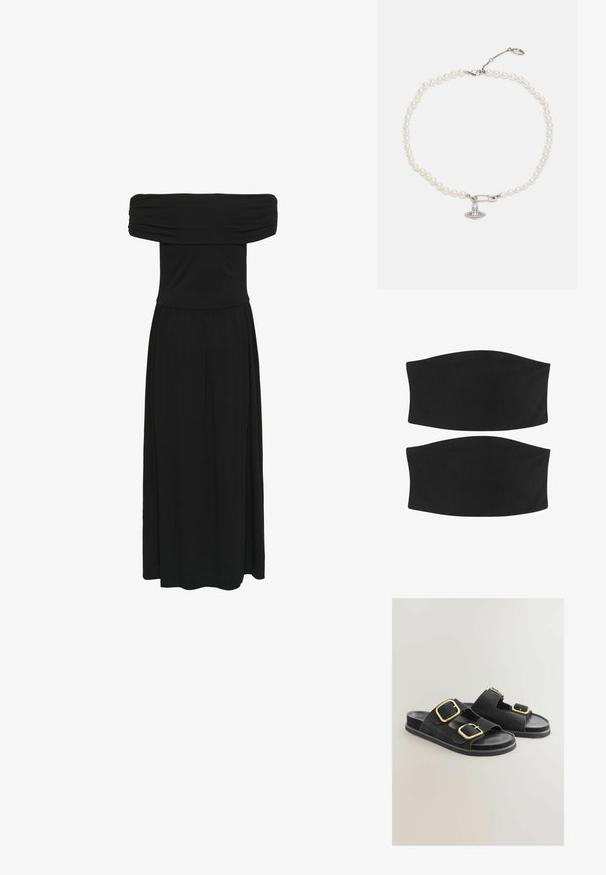 Dve črne tkaninske lasnice z brezšivno, gladko teksturo in ukrivljenim dizajnom, primerne za različne frizure in aktivnosti.; Črna maksi obleka brez naramnic z nabranim nedrčkom in ohlapnim krilom, izdelana iz mehke tkanine z gladko teksturo in elastičnim pasom.; Črne semišne sandale z dvema širokima trakoma in zlatimi zaponkami, ravnim podplatom in odprtim nosom. Gladka tekstura z kontrastnimi kovinskimi poudarki.; Zlato obarvana dekorativna umetnost v obliki školjke z teksturirano površino in rebrastim dizajnom, ki ima raven podstavek za stabilnost.; Biserka iz biserov z gladkimi belimi kroglicami, ki vsebuje srebrno varnostno zaponko okrašeno s prozornimi kamenčki. Zapiranje na jeklena spona.