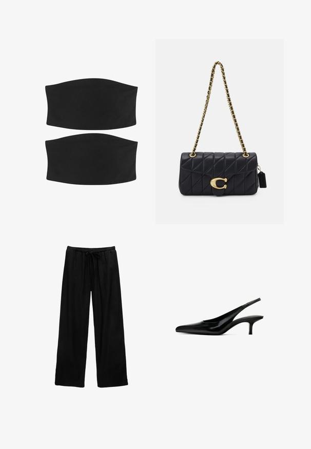 Dwie czarne opaski na głowę z materiału o gładkiej, bezszwowej fakturze i zaokrąglonym kształcie, odpowiednie do różnych fryzur i aktywności.; Czarne spodnie wide-leg wykonane z lekkiego materiału, z elastycznym paskiem w talii i detalami w postaci sznurka. Prosty design, bez wzorów i dodatkowych elementów.; Czarne buty slingback z czubkiem w kształcie spiczastym, wykonane z błyszczącej skóry, z cienkim, niskim obcasem. Posiadają wycięcie po bokach dla lepszej wentylacji.; Czarna pikowana torebka na ramię z złotym łańcuszkiem, z charakterystycznym złotym zapięciem i małym tagiem, prezentująca teksturowaną skórzaną powierzchnię.