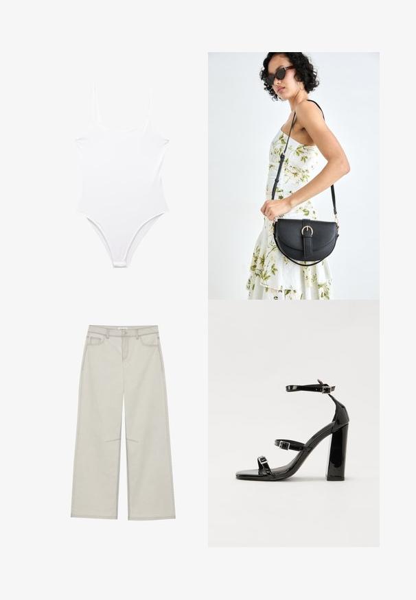Fehér egyrészes fürdőruha, magas szabású lábakkal, vékony vállpántokkal és sima, rugalmas anyagból készült. Minimalista dizájn, minta vagy díszítés nélkül.; Világosszürke, bő szárú nadrág, öt zsebbel, elülső gombos záródással és kontrasztos varrással a varrások mentén. Az anyag puhanak és tartósnak tűnik.; Fekete lakk magas sarkú szandál négyzet alakú orral, bokapántokkal és ezüst csatokat tartalmaz. Masszív blokk sarka a stabilitásért felel.; Fekete bőrtáska ívelt formával, levehető pánttal és arany színű fémrészekkel. A táskán egy csattal díszített fedél található.