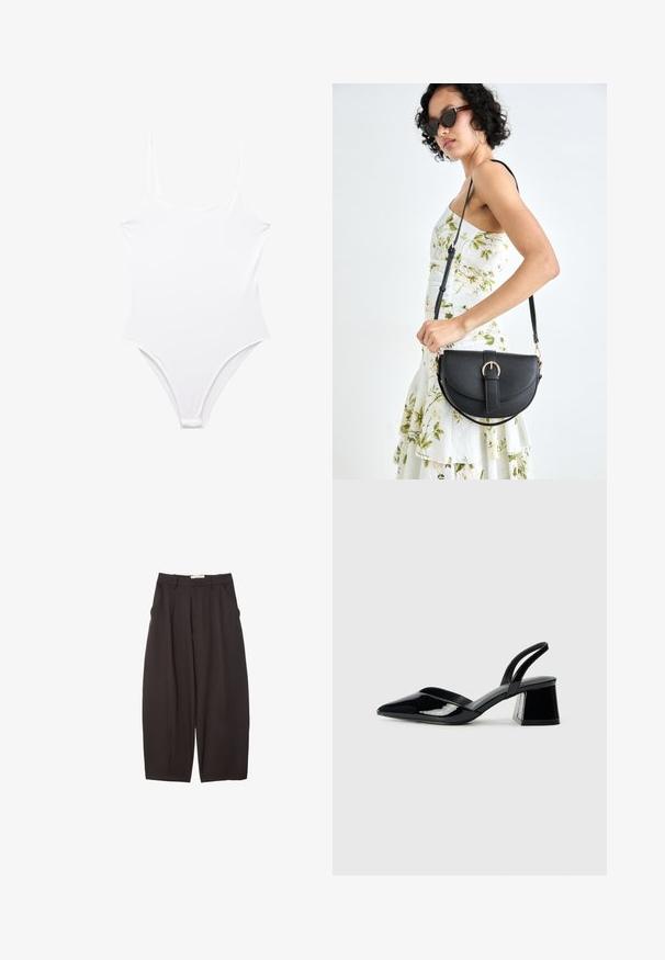 Valkoinen uimapuku, jossa on korkea lahje, ohuet olkaimet ja sileä, joustava kangas. Minimalistinen muotoilu, ei kuvioita tai koristeita.; Mustat leveälahkeiset housut, jotka on valmistettu sileästä kankaasta. Niissä on korkea vyötärö, etupleatsit ja sivutaskut. Yksinkertainen muotoilu ilman koristeita.; Mustat patentoitu nahkakengät, joissa on säären takaosa ja terävä kärki, sekä geometrinen palikkakorko. Sisältää tyylikkään, minimalistisen muotoilun ja sileän pinnan.; Musta nahkainen käsilaukku, joka on kaareva muotoilultaan, irrotettavalla hihnalla ja kultaisilla yksityiskohdilla. Laukussa on läppä, jossa on solk yksityiskohta.