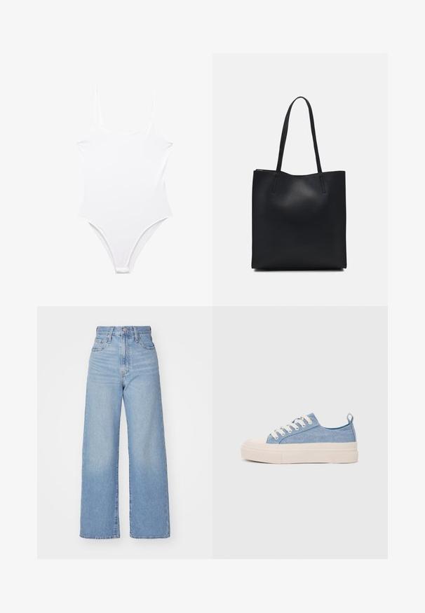 Costum de baie întreg alb, cu o croială cu picioare înalte, bretele subțiri și un material neted, elastic. Design minimalist, fără modele sau accente.; Jeans cu talie înaltă, de culoare albastru deschis, cu croială largă, dotate cu nasture și fermoar la față, buzunare în față și spate, pe un fundal alb.; Sneakers din pânză de culoare albastru deschis, cu vârf și talon din cauciuc crem, având șireturi albe și un maner pe călcâi.; Geantă tote neagră din piele, cu textură netedă, formă rectangulară și două mânere lungi. Fără hardware vizibil sau ornamente.