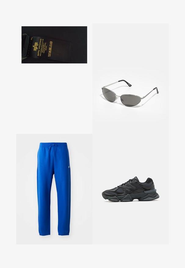 Črna tkaninska etiketa z rumenim besedilom, ki prikazuje ime blagovne znamke "Alpha Industries", navodila za nego in podatke o proizvodnji.; Modre trenirke iz mehkega blaga, z elastičnim pasom in vrvico, zožanimi nogami ter majhnim logotipom na strani.; Črne tekaške superge, ki združujejo mrežaste in sintetične materiale, imajo debel podplat, ukrivljen oblikovni slog ter izrazito blagovno znamko na strani.; Sončna očala z elegantnim srebrnim kovinskim okvirjem, sivi zasenčeni leči in aerodinamičnim oblikovanjem, ki vključuje ostri robovi in tanke ročke.