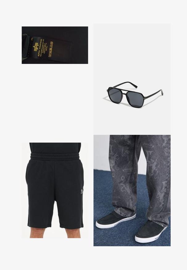 Zwart stoffen waslabel met gele tekst met daarop de merknaam "Alpha Industries", wasinstructies en fabricagegegevens.; Zwarte shorts van zacht materiaal, met een elastische tailleband, zijzakken en een klein logo op het onderbeen.; Zwarte instapschoenen met een witte zool, textuur, gecombineerd met grijze jeans met een subtiele patroon, tegen een blauwe tapijten achtergrond.; Zwarte zonnebril met een octagonaal frame, donkere lenzen, glanzende afwerking, dunne tempels en gouden accenten aan de voorkant.