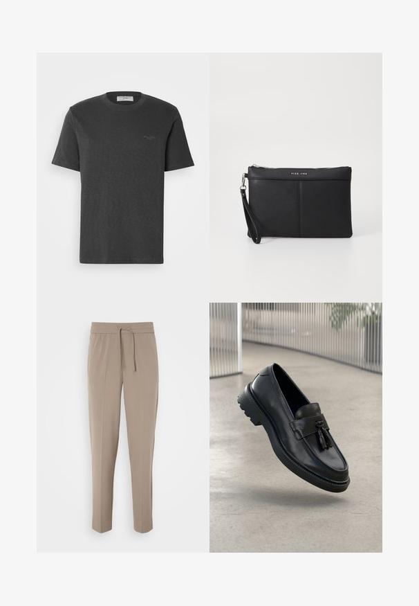 Tumši pelēks kokvilnas T-krekls ar īsām piedurknēm un apaļu kakla izgriezumu. Virsotnē kreisajā stūrī ir neliela zīmola logo. Mīksta tekstūra.; Gaiši pelēkas bikses ar elastīgu jostasvietu, regulējamu auklu un sašaurinātām kājām. Audums izskatās gluds ar vieglu spīdumu.; Melnas ādas loaferi ar gludu apdari, dekoratīvu bārkstīm, biezu gumijas zolīti un izšūtām detaļām. Viegls un elegants dizains.; Melna sintētiska rokassoma ar rāvējslēdzēja aizdari, roku siksnu un gludu tekstūru. Iezīmējas ar smalku šūšanu un logo iespiestu priekšpusē.