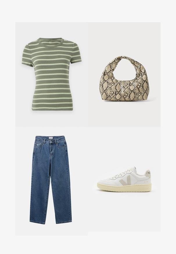 Olive green short-sleeve t-shirt with white and light yellow horizontal stripes. Ribbed texture, round neckline, and fitted design.; Classic blue denim jeans with a straight-leg design, five pockets, and a button closure. Features a medium wash and sturdy texture.; White leather sneaker with beige suede accents, perforated toe box, flat laces, and a textured cream sole. Features subtle branding on heel.; Snake-print handbag with a curved handle. Made from textured, beige and brown materials, featuring a distinctive diamond pattern.