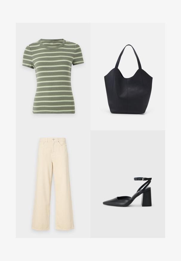 Olivroheline lühikeste varrukatega t-särk, millel on valged ja heledate kollaste horisontaalsed triibud. Kortsuline tekstuur, ümar kaelus ja keha külge liibuv disain.; Bežid laiad teksad, mis on valmistatud puuvillast. Omab nööbilukku, vöökohakujusid ja eesmine taskuid, millel on sile ja pehme tekstuur.; Mustmustest must-käigukingad, millel on konksuga nöör ja paks konts. Ühtlane tekstuur, stiilne disain ja minimalistlik esteetika.; Must must kinnas must rinna, millel on kaarjas avatud ülemine osa, kaks õlarihma ja minimalistlik disain.