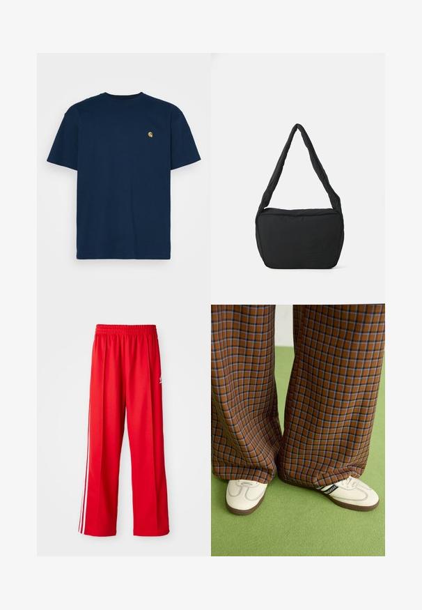 Carhartt WIP CHASE - Basic T-shirt - mizar/gold; Red athletic pants made of lightweight fabric, featuring an elastic waistband, two white side stripes, and a small logo on the hip.; Brown and blue plaid wide-leg trousers paired with white shoes featuring black accents and textured soles, set against a green background.; Black shoulder bag with a padded texture, a rounded shape, and a wide strap, featuring an embossed logo on the front.