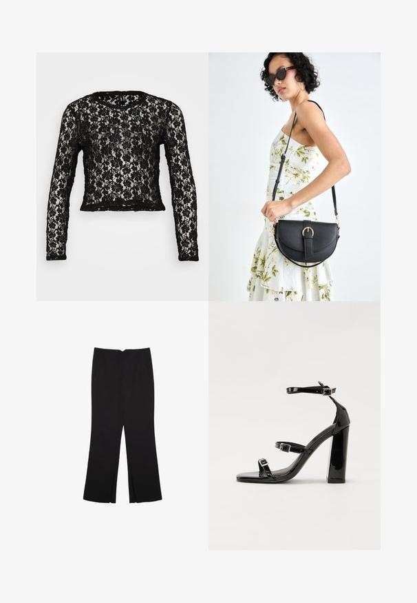 Čierny čipkový top s dlhými rukávmi a okrúhlym výstrihom. Obsahuje kvetinový vzor a skrátený strih. Priesvitná textúra so sýtočiernym lemom na spodnej časti a manžetách.; Čierne nohavice so strihom rovného strihu, s prednými vreckami a bočnými rozparkami na leme. Vyrobené z mäkkej, hladkej tkaniny. Vhodné na rôzne príležitosti.; Čierne lakované sandále na podpätku so štvorcovou špičkou, navlečenými remienkami okolo členku a striebornými prackami. Disponujú masívnym blokovým podpätkom pre stabilitu.; Čierna kožená kabelka s zaobleným tvarom, odnímateľným popruhom a zlatými doplnkami. Kabelka má klopu s detailom s prackou.