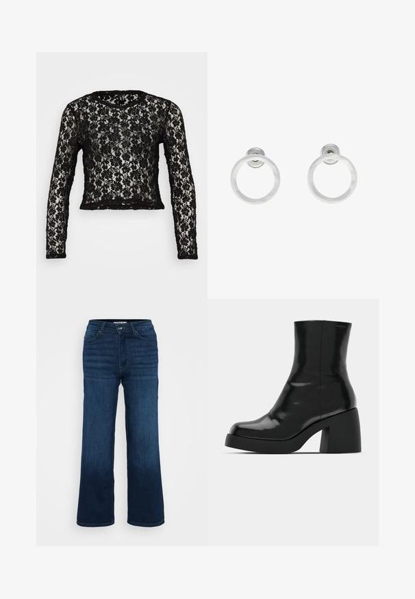 Crna čipkasta majica dugih rukava s okruglim izrezom. Sadrži cvjetni uzorak i skraćeni kroj. Prozirna tekstura s čvrstim crnim obrubom na rubu i manžetama.; ONLY Petite ONLMADISON BLUSH WIDE - Široke nogavice - dark blue denim; Crne gležnjače s sjajnom površinom, četvrtastim vrhom i debelim blok petama. Dizajn ima besprijekornu siluetu i minimalno brendiranje.; Srebrne metalne naušnice u obliku prstena s brušenom teksturom, s kružnim dizajnom i prozirnom vrstom kopče za sigurno nošenje.
