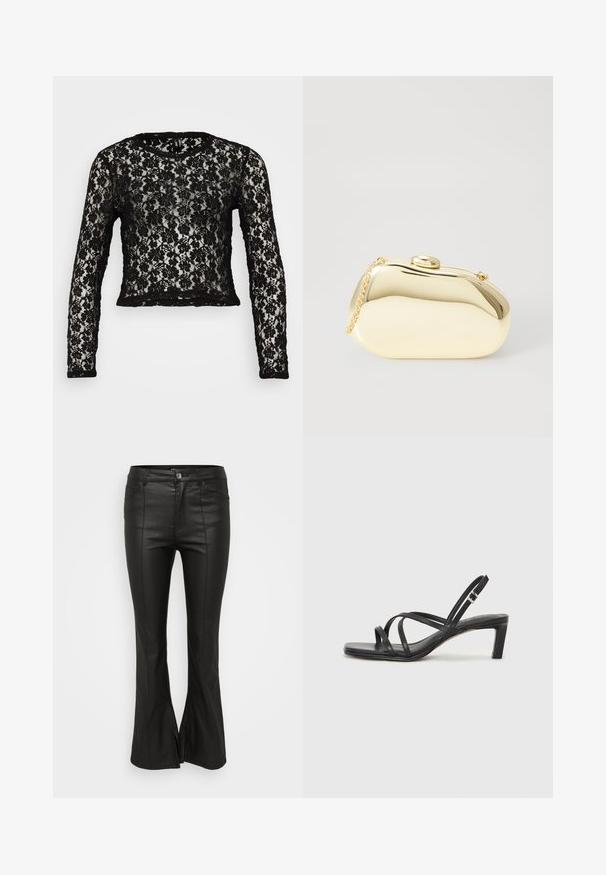 Schwarzes Spitzenoberteil mit langen Ärmeln und rundem Ausschnitt. Verfügt über ein florales Muster und einen cropped Schnitt. Durchsichtige Textur mit solidem schwarzen Saum und Bündchen.; Schwarze Schlaghosen mit glänzender, lederähnlicher Textur, ausgestattet mit Fronttaschen, einem Knopfverschluss und seitlichen Schlitzen am Saum.; Schwarze Sandale mit Riemchen, quadratischer Zehenform und niedrigem Blockabsatz. Verfügt über mehrere dünne Riemen und einen verstellbaren Knöchelriemen. Hergestellt aus glattem Leder.; Metallisch goldene Clutch mit einer glatten, abgerundeten Form, ausgestattet mit einem oberen Druckknopfverschluss und einem kleinen Kettenriemen zum Tragen.