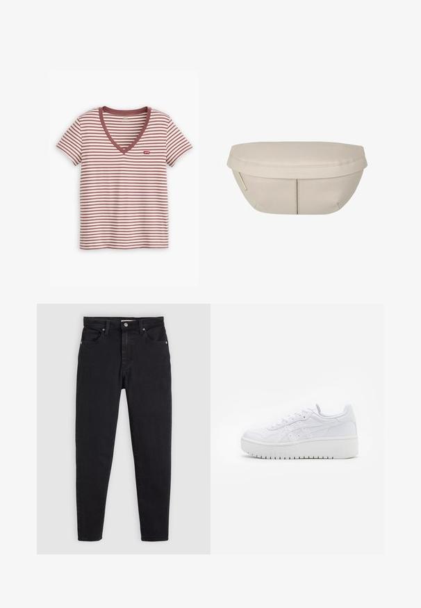 Levi's® PERFECT - Camiseta básica - rose/taupe; Jeans negros ajustados con cierre de botón y cremallera, diseño de cinco bolsillos y pasadores para cinturón sobre un fondo gris claro.; Zapatillas de plataforma blancas con una textura de cuero suave, detalles perforados y cordones planos; cuentan con una suela de goma blanca gruesa.; Funda de tela beige con forma redondeada, que presenta una parte superior plana y detalles de costura sutiles. Incluye un logotipo minimalista y una correa lateral.