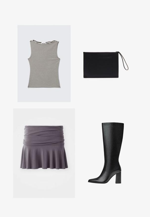 Gestricktes ärmelloses Oberteil in Braun und Creme, mit einem Rundhalsausschnitt und einem figurbetonten Schnitt. Hergestellt aus einem weichen, elastischen Stoff.; Grauer, knielanger Rock aus weichem Stoff mit gerafftem Bund und ausgestelltem Saum. Verfügt über eine glatte Textur und ein schlichtes Design.; Schwarze kniehohe Stiefel aus Kunstleder mit spitzer Zehe, glatter Oberfläche und blockartigem Absatz. Minimalistisches Design ohne sichtbare Akzente.; Schwarze Clutch aus strukturiertem Stoff mit rechteckiger Form, ausgestattet mit einem Reißverschluss und einem Handgelenkriemen. Enthält eine Fronttasche.