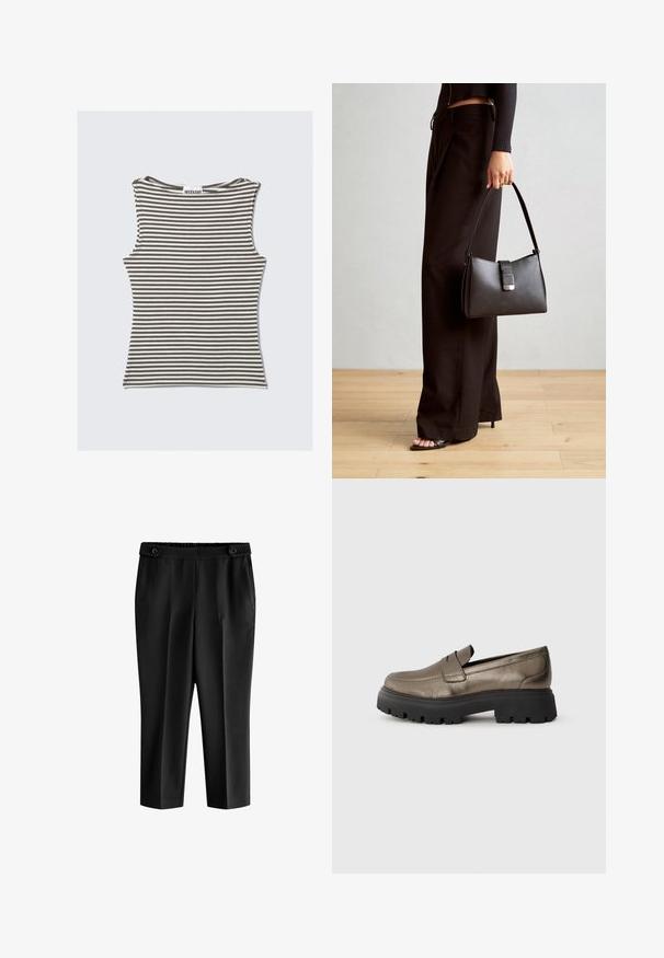 Gestreepte mouwloze top in bruin en crème, met een ronde hals en een slim-fit ontwerp. Gemaakt van een zachte, rekbare stof.; Zwarte cropped broeken met een losse pasvorm, elastische tailleband en twee voorkruiken. De stof heeft een gladde textuur met een licht glanzende afwerking.; Metallisch olijfgroene leren instappers met een ronde neus, zwarte stevige rubberen zool en minimale stikdetails op het bovenwerk.; Zwarte handtas met gestructureerde vorm, gladde textuur en een metalen sluiting. Gecombineerd met brede zwarte broeken en sandalen met open teen op een houten vloer.