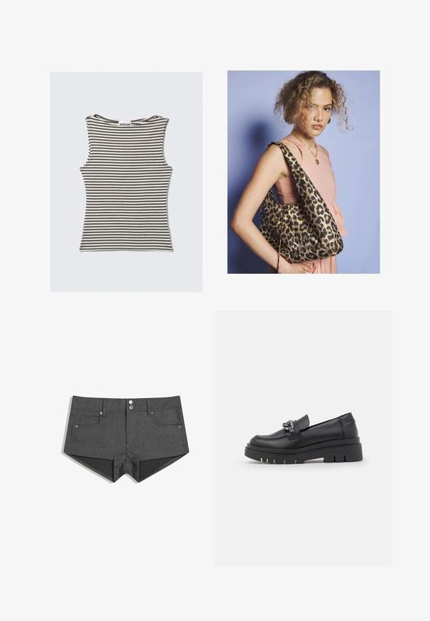 Kesel tanpa lengan bergaris berwarna coklat dan krim, dengan leher bulat dan desain yang pas di badan. Terbuat dari kain yang lembut dan elastis.; Harmaat farkkushortsit, joissa on kaksi etutaskua, kaksoisnapit edessä ja istuva muotoilu. Kankaan pinta on sileä.; Musta loafer-tyylinen kenkä, jossa on paksu pohja, sileä nahkapinta, koristeellinen ketjua korostava yksityiskohta ja hieman nouseva kanta, jossa on uurteellinen yksityiskohta.; Nainen, jolla on kiharat hiukset, pukee vaaleanpunaisen hihattoman topin ja kullasta valmistetun sydänkaulaketjun, kantaa suurta leopardikuosisia olkalaukkua.