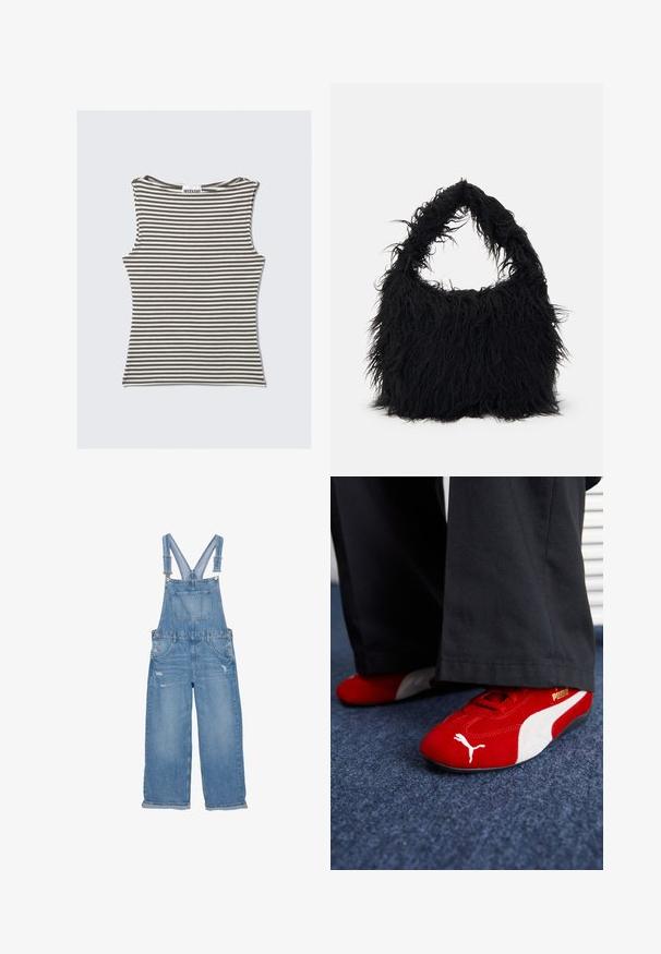 Prugasti bezrukavni top u smeđoj i krem boji, s okruglim izrezom i prilagođenim krojem. Izrađen od mekog, rastezljivog materijala.; Traperice u svijetloplavoj boji, s podesivim naramenicama, prednjim džepom, bočnim dugmadi i izlizanim detaljima na nogavicama.; Crvene od nubuka tenisice s bijelim detaljima, sa teksturiranim materijalom, okruglim vrhom i zlatnim logom sa strane, nosi se s crnim hlačama.; Even&Odd Velika torba - black