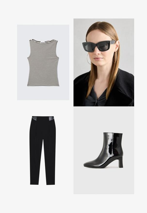 Striped sleeveless top in brown and cream, featuring a round neck and a form-fitting design. Made from a soft, stretchy fabric.; Black tailored pants featuring a sleek design, pleats at the front, and glossy black leather accents at the waist. Smooth fabric texture.; Black patent leather ankle boot with a pointed toe and a mid-height block heel. Smooth texture and minimalist design.; Black cat-eye sunglasses with dark lenses, thick frames, and subtle accents. Worn with a black coat and gray top, featuring long straight hair.