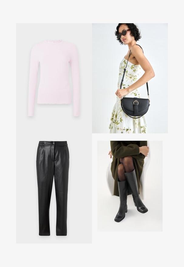 Rózsaszín, hosszú ujjú felső bordázott textúrával, fodros gallérral és testéhez illeszkedő szabással, szálkás szegéllyel.; Fekete bőr nadrág sima textúrával, egyenes szabással, rugalmas derékkal és elülső gombos záródással; pliszírozott részletezéssel és szűkített lábakkal.; Térdfelett érő fekete bőr csizmák négyzet alakú orral és tömbtalppal, olajzöld kabátban ülő modellel bemutatva. Simaság, minimalista részletezés.; Fekete bőrtáska ívelt formával, levehető pánttal és arany színű fémrészekkel. A táskán egy csattal díszített fedél található.