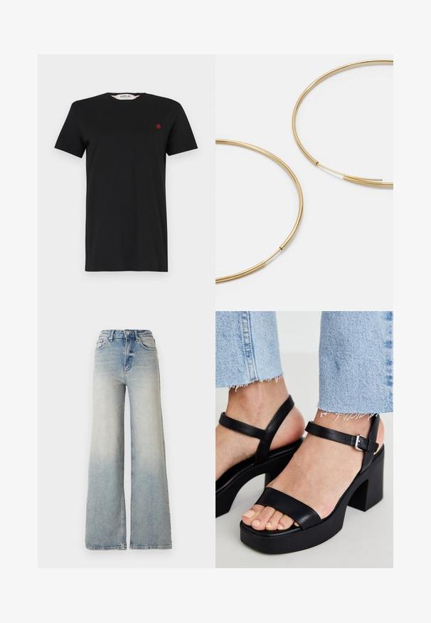 Černé tričko s krátkým rukávem z hladkého materiálu, s kulatým výstřihem a malým červeným logem na hrudi. Jednoduchý, klasický design.; Světle modré široké džínsy vyrobené z denimu, s vysokým pasem, pěti kapsami a viditelným švem podél švů.; ALDO CELIE - Sandály na vysokém podpatku - black; Zlaté kruhové náušnice, tenké a kulaté, s hladkým kovovým povrchem a bez zdobení či vzorů.