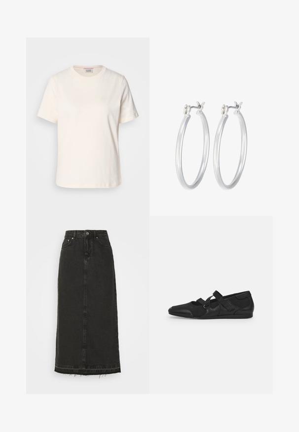Cream-colored cotton T-shirt with short sleeves, crew neck, and subtle embossed logo detail on the front. Smooth texture, relaxed fit.; Black denim midi skirt with a fitted waist, front button closure, and frayed hem. Features classic five-pocket design and slight texture.; Black flat shoes with a soft, textured upper, featuring two adjustable straps and a rounded toe design, mounted on a flat rubber sole.; Silver hoop earrings with a smooth, polished finish. Round shape and secure click-top closure. Lightweight design suitable for everyday wear.
