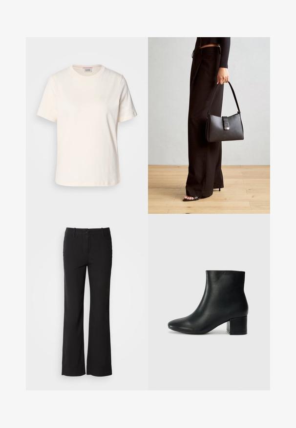 Cremefarvet bomulds T-shirt med korte ærmer, rund hals og diskret prægning af logo på forsiden. Glat tekstur, afslappet pasform.; Sorte bomuldsblandede bukser med lige ben-design, frontknaplukning og to sidelommer. Glat tekstur, ingen synlige mønstre.; Sorte læder ankelstøvler med spids tå og en kraftig hæl. Glat tekstur med minimale detaljer og et slankt, tætsiddende design.; Sort håndtaske med struktureret form, glat overflade og metalspænde. Sammen med brede sorte bukser og sandaler med åben tå på trægulv.