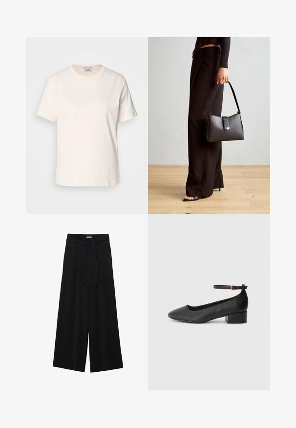 Cream-colored cotton T-shirt with short sleeves, crew neck, and subtle embossed logo detail on the front. Smooth texture, relaxed fit.; Black wide-leg pants featuring a textured fabric, an elastic waistband, and a detachable sash tie at the waist for adjustable fit.; Black leather pump with a pointed toe and a low block heel. Features an ankle strap with a gold-tone buckle. Smooth texture.; Black handbag with structured shape, smooth texture, and a metallic clasp. Paired with wide black pants and open-toe sandals on wooden floor.